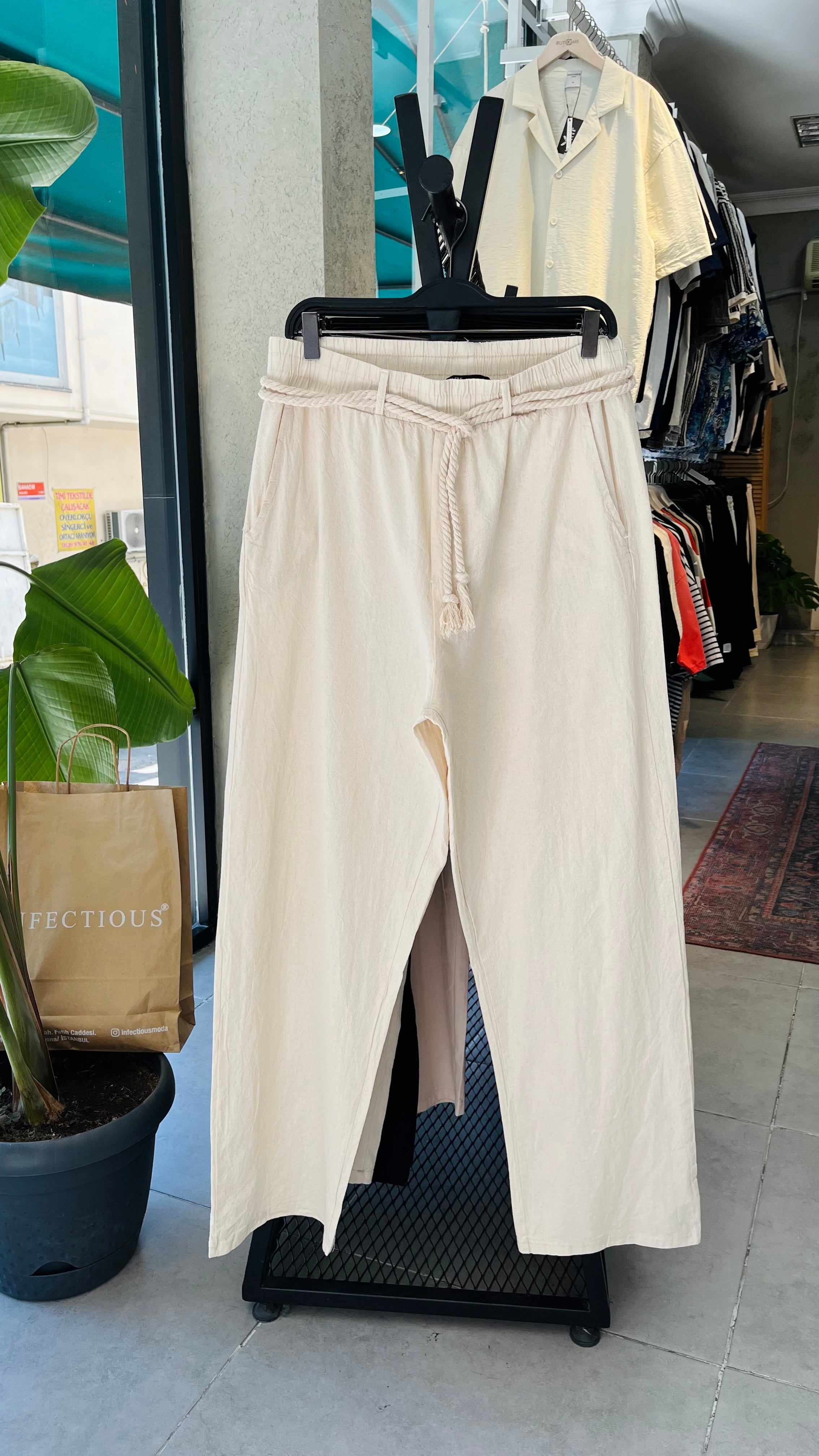 Bej  Ekstra Bol Halat Detaylı Baggy Pantolon - Bej 6127