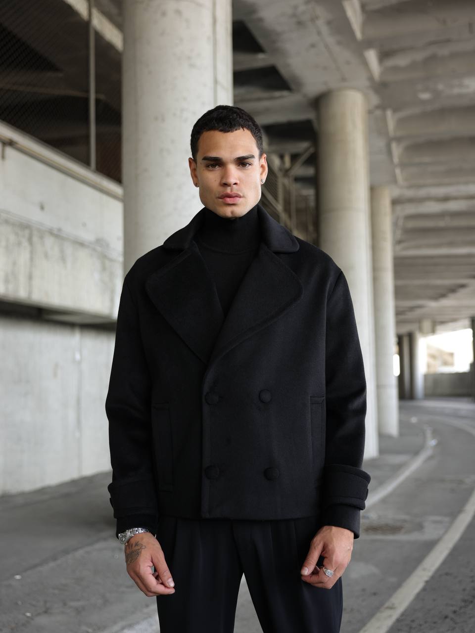 Kruvaze Crop Kaşe Ceket Siyah 2035