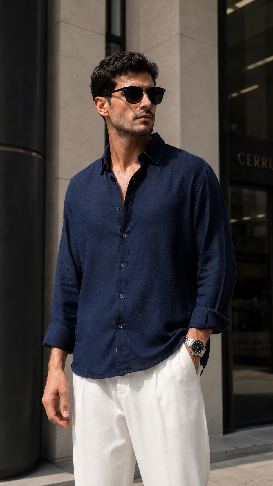 Oversize Lacivert Uzun Kollu Gömlek 5475