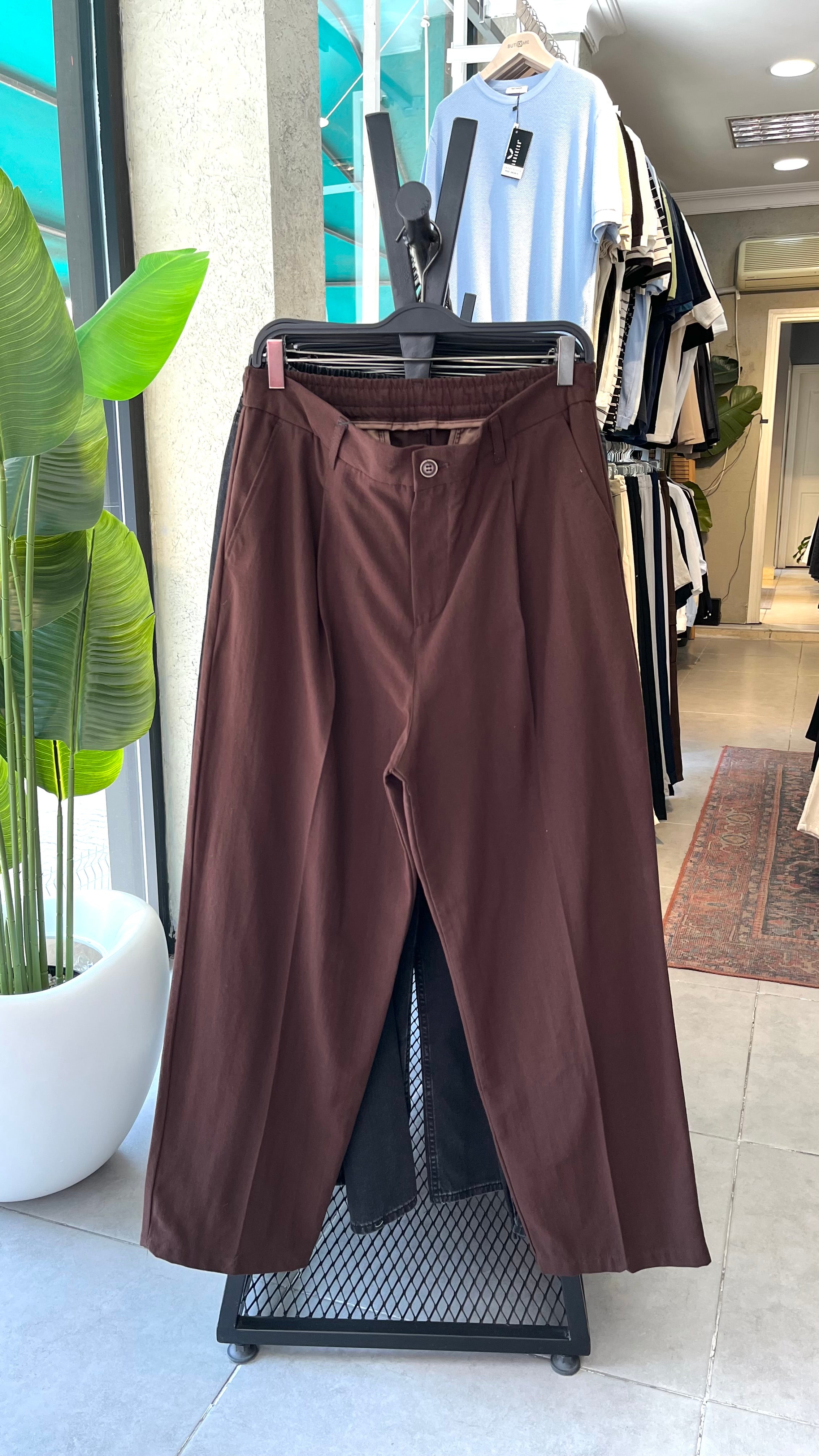 Baggy Ekstra Bol Kahverengi Keten Pantolon 6189