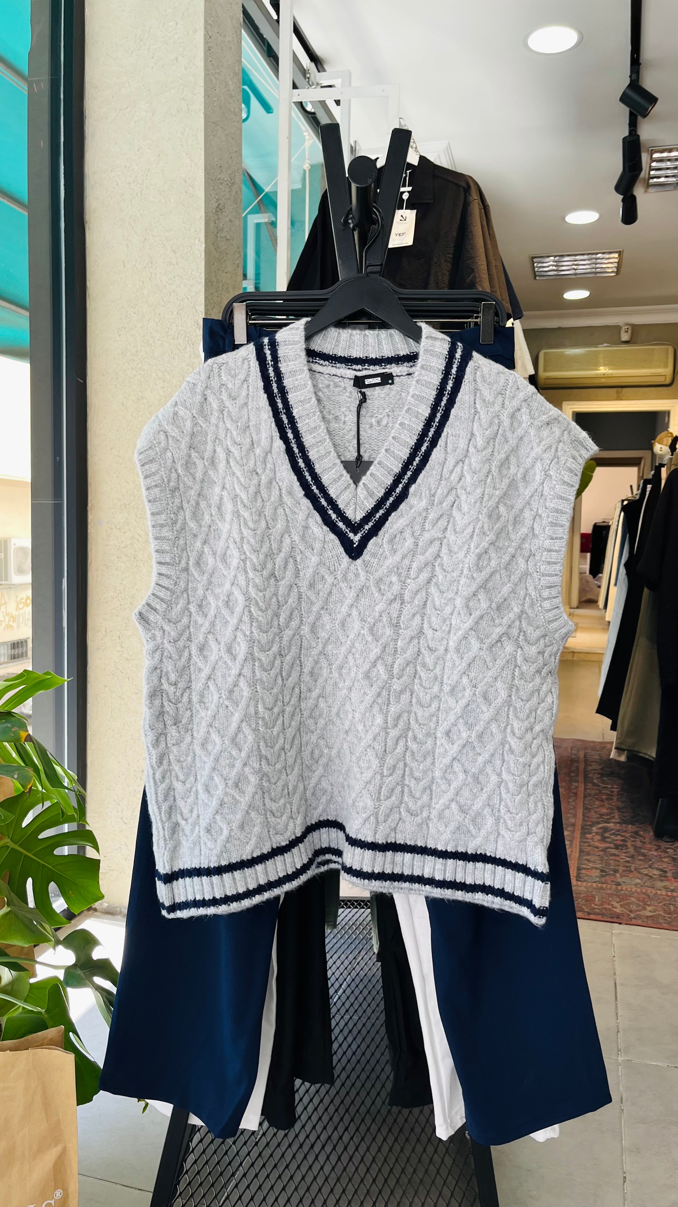 Oversize Çift Renk Gri Triko Süveter 7002