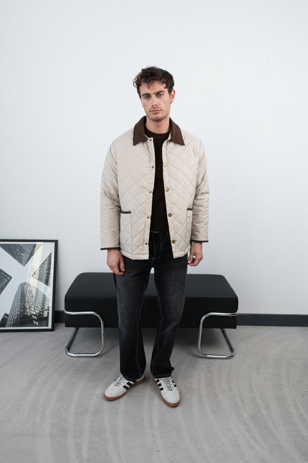 Kapitoneli Yaka Kahverengi Detaylı Bej Mont 2055