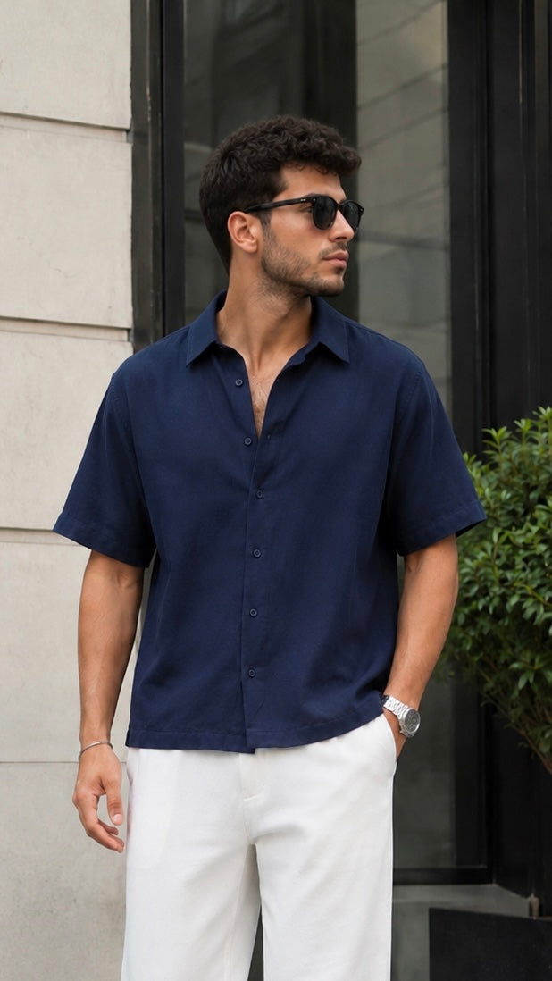 Oversize Lacivert Modal Kumaş Gömlek 5501