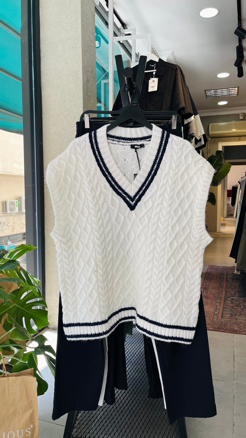 Oversize Çift Renk Beyaz Triko Süveter 7001