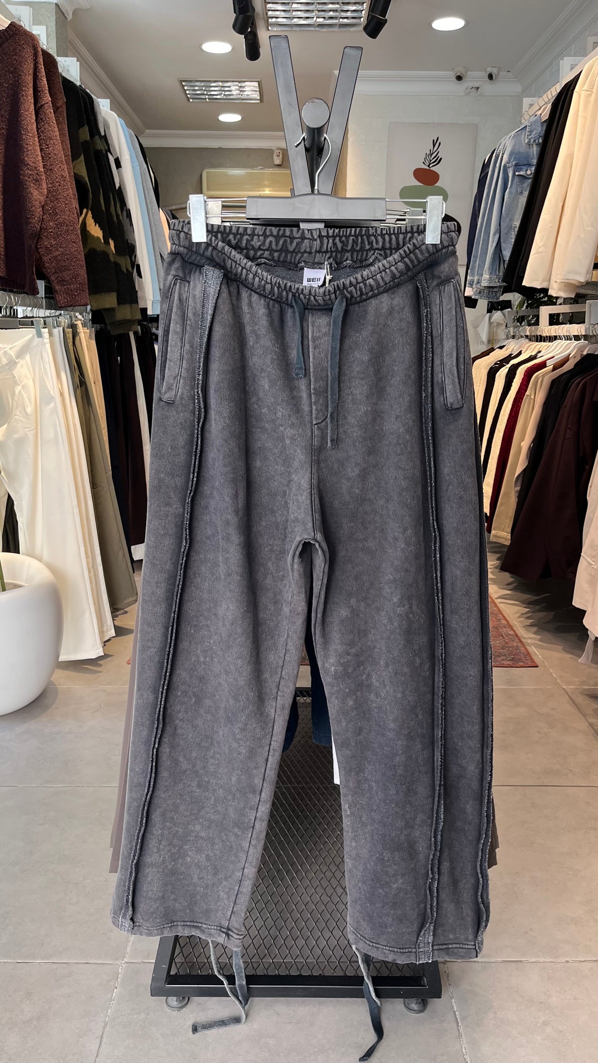 Baggy Premium Paçaları İp Detaylı Siyah YIkamalı Eşofman 6249