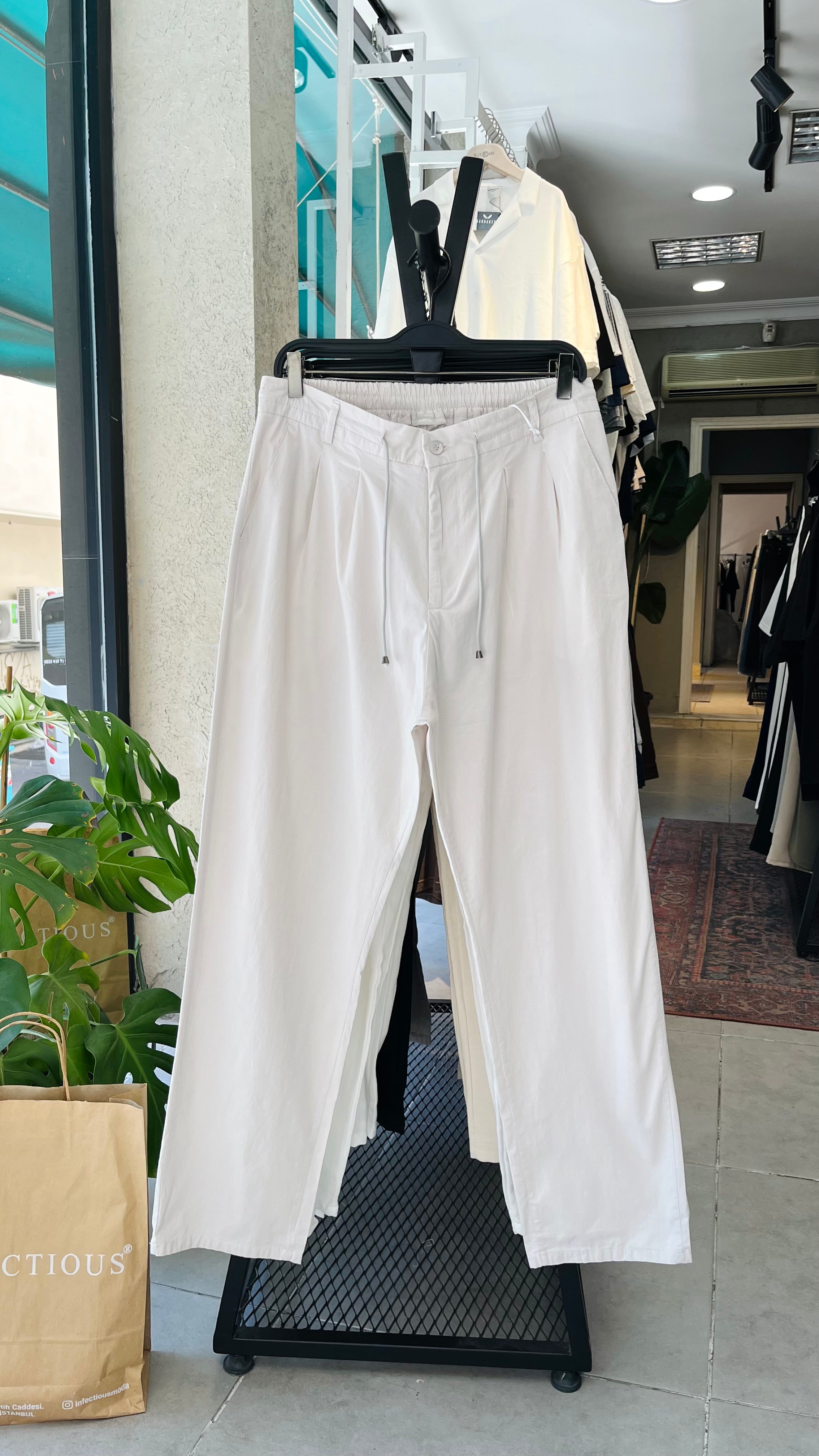 Baggy Taş Rengi Düğmeli ve İpli Likralı Pantolon - Taş Rengi 6139