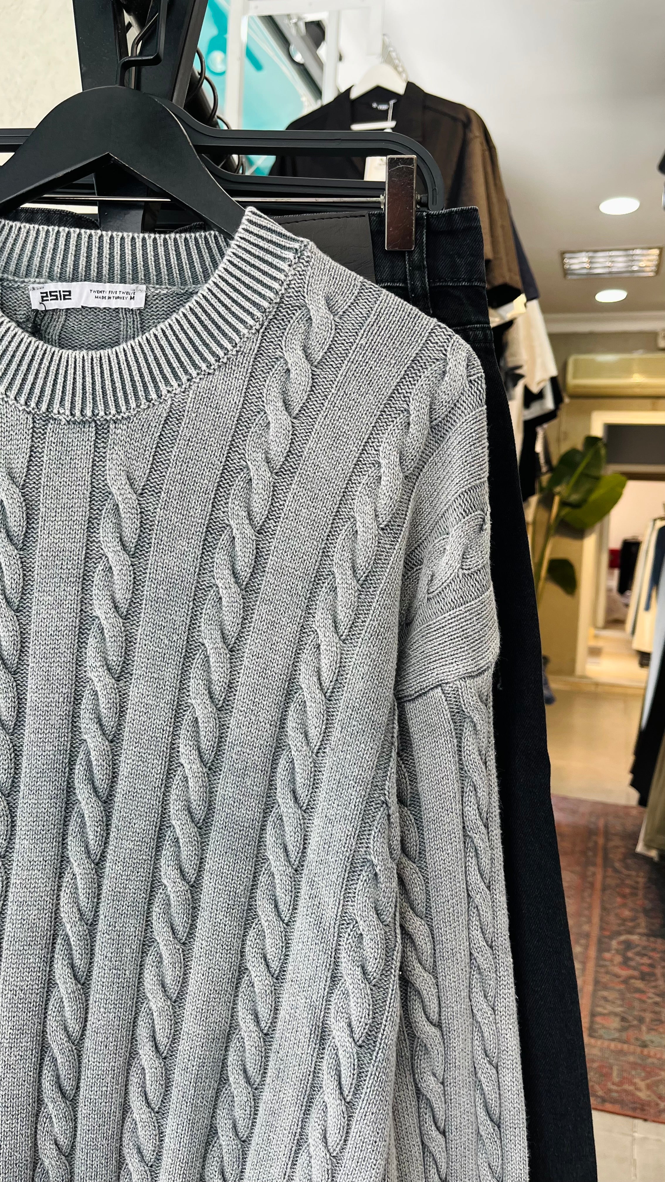 Oversize Örgü Desenli Yıkamalı Gri Triko 7005
