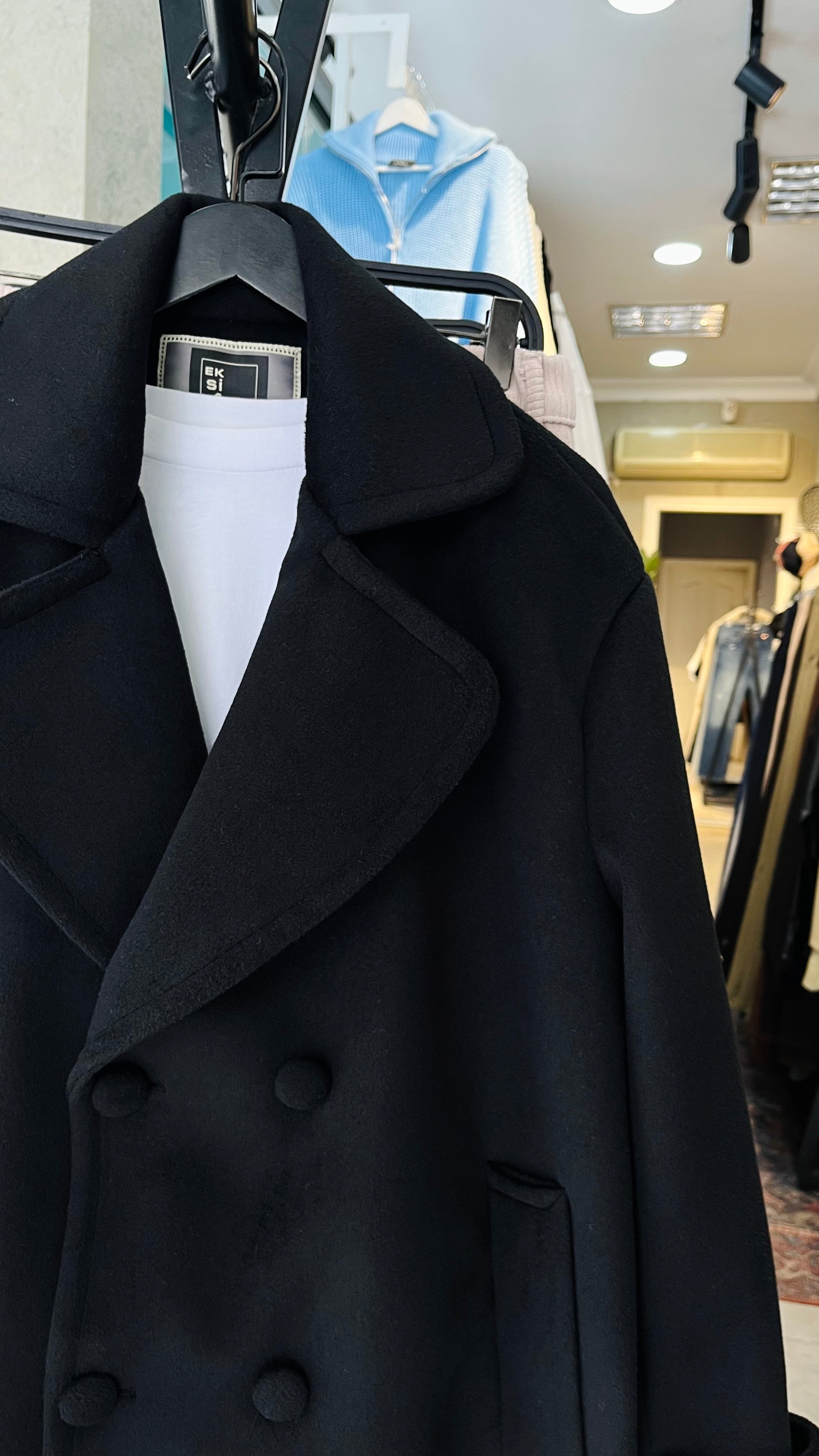 Kruvaze Crop Kaşe Ceket Siyah 2035