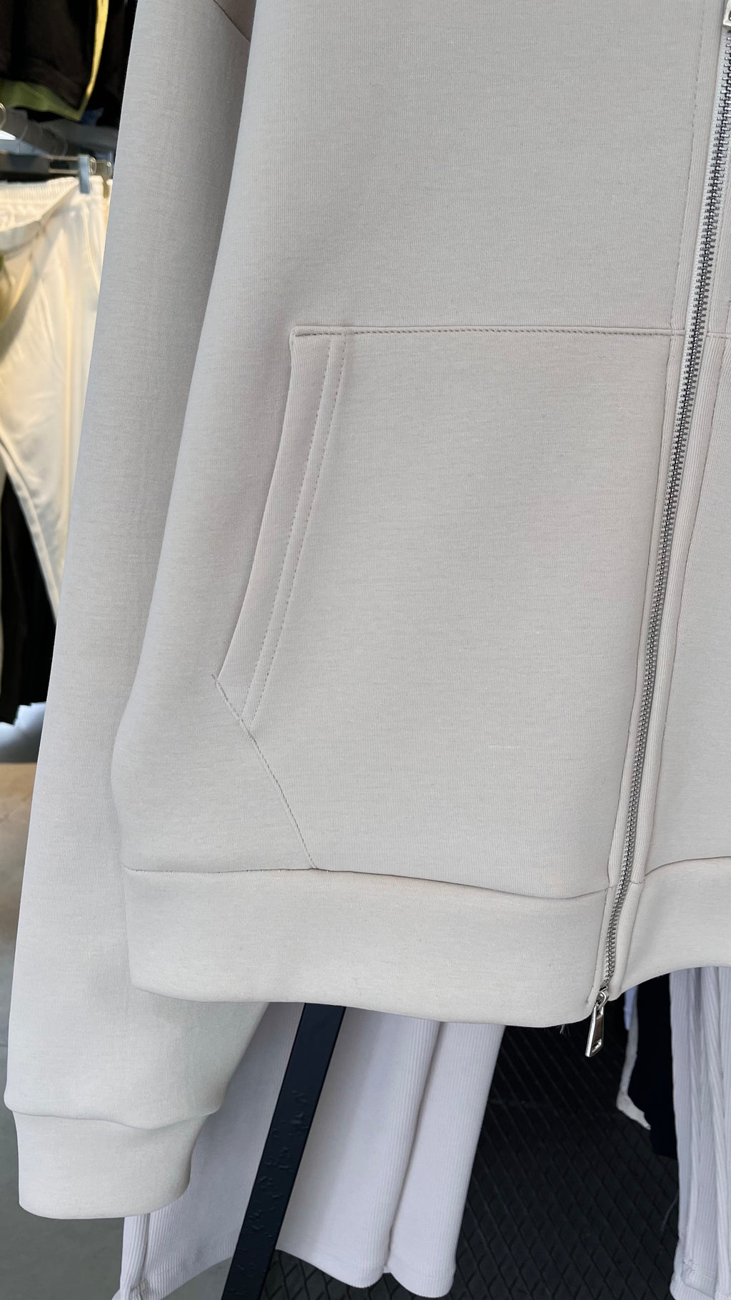 Oversize Panda Kumaş Çift Fermuarlı Kapüşonlu Bej Sweatshirt 5112