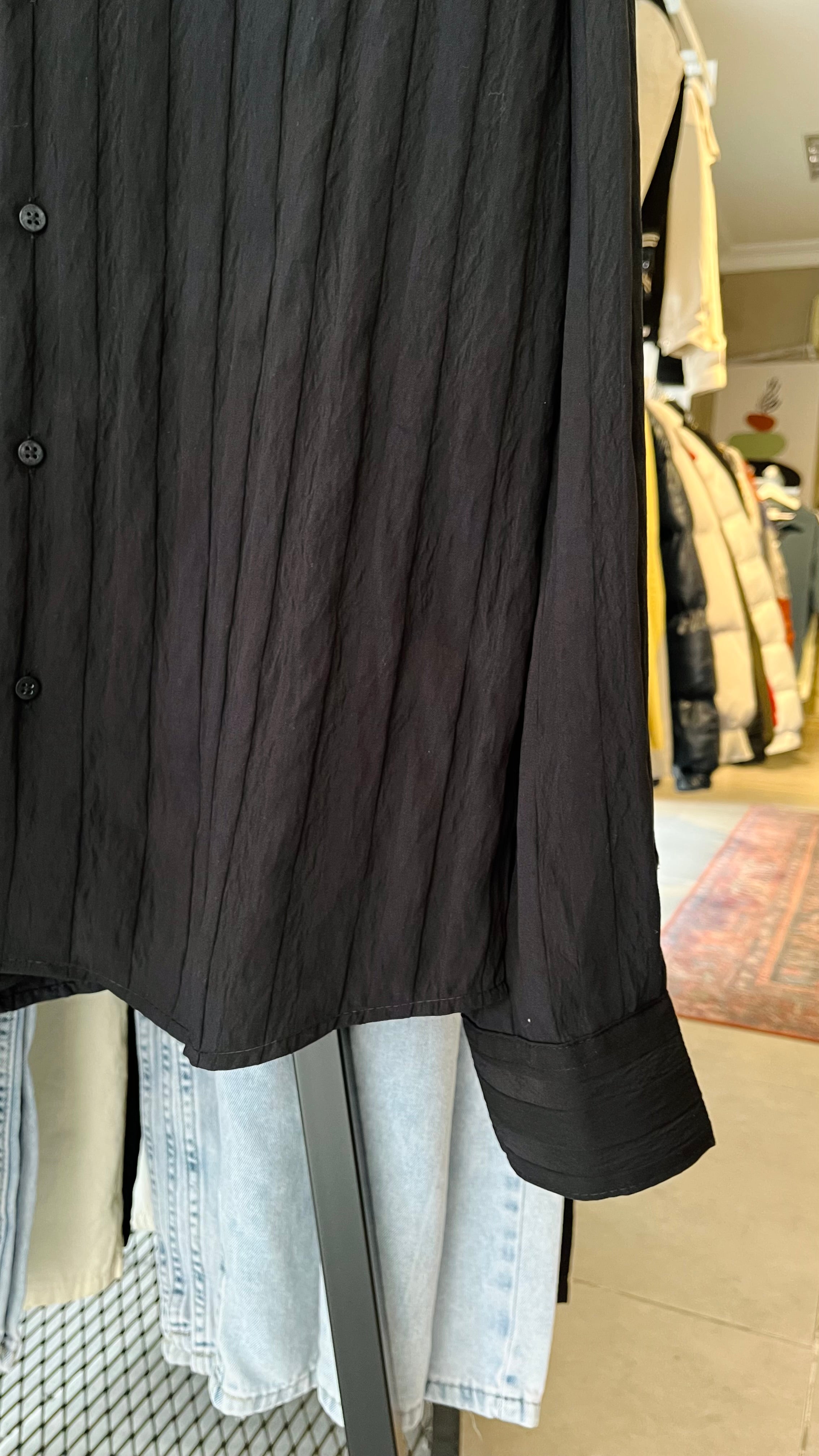 Oversize siyah Apaş Yaka Uzun Kollu Gömlek - Siyah 5348