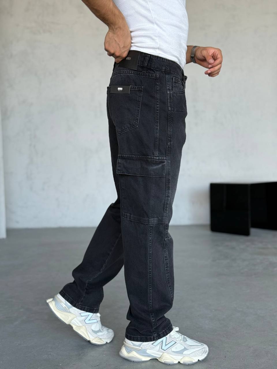 Baggy Siyah Yıkamalı Kargo Cepli Jean 3318