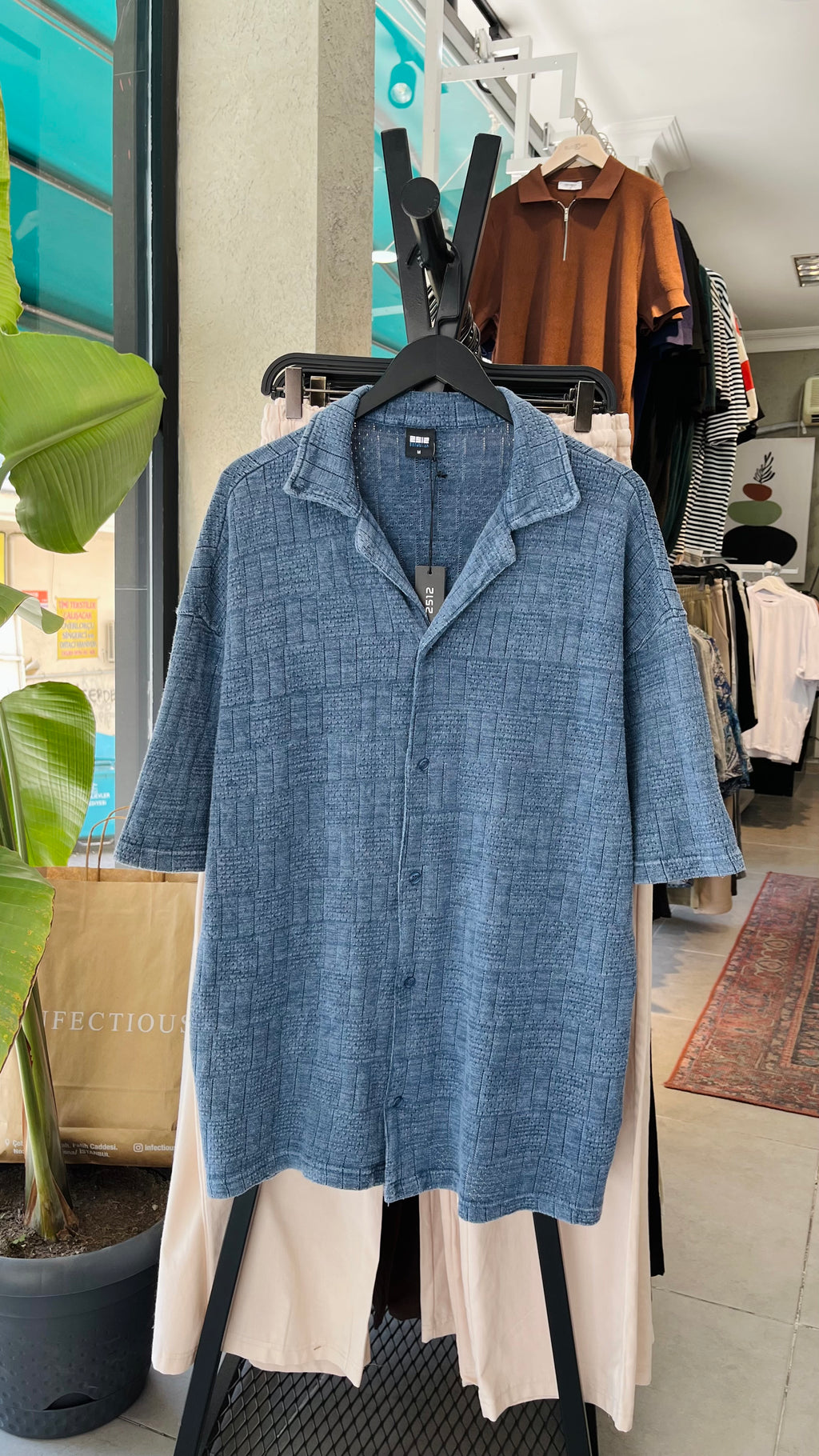 Oversize Mavi Apaş Yaka Yıkamalı Kumaş Gömlek - Mavi 5398