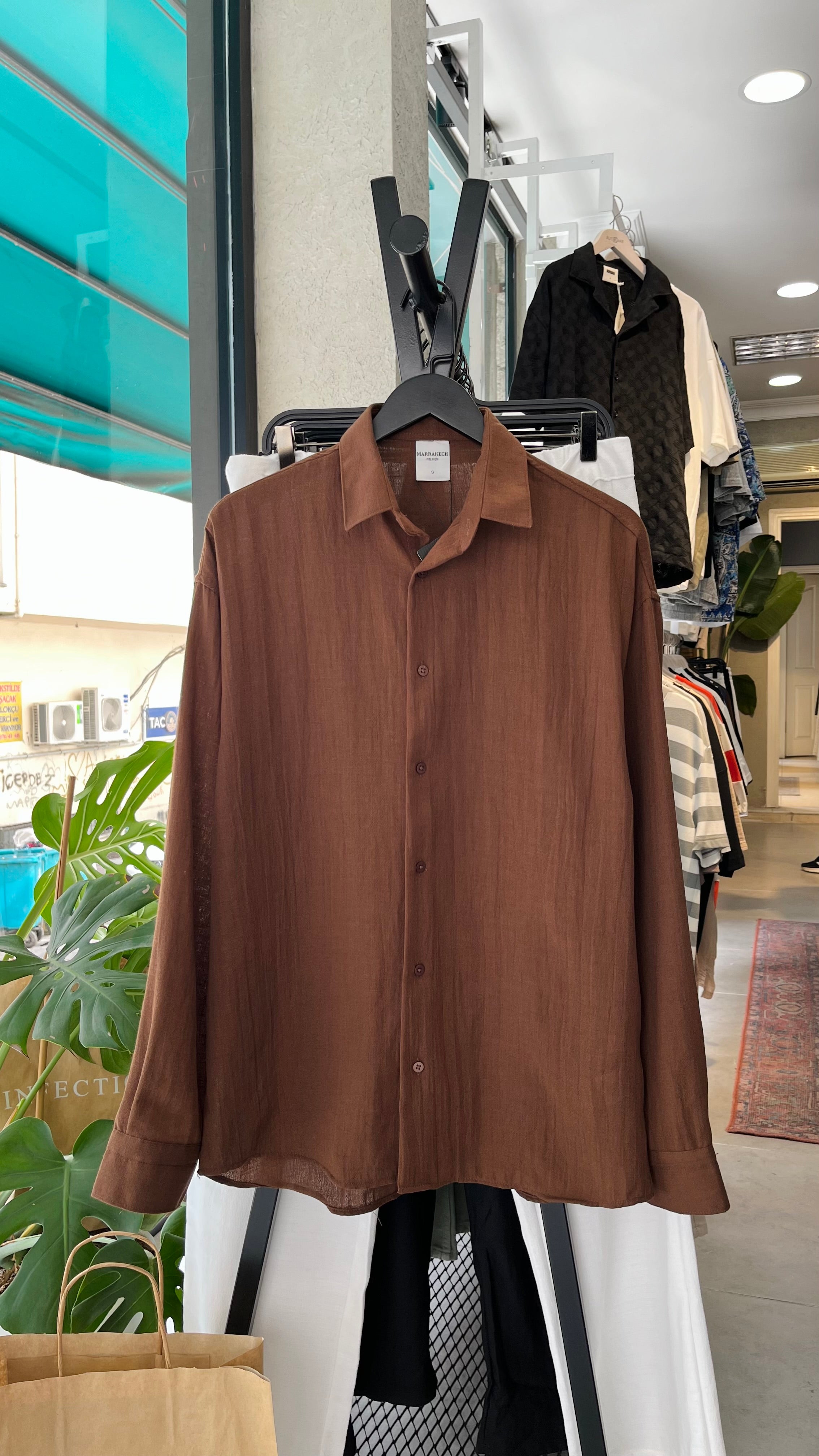 Oversize Kahverengi Uzun Kollu Gömlek - Kahverengi 5426