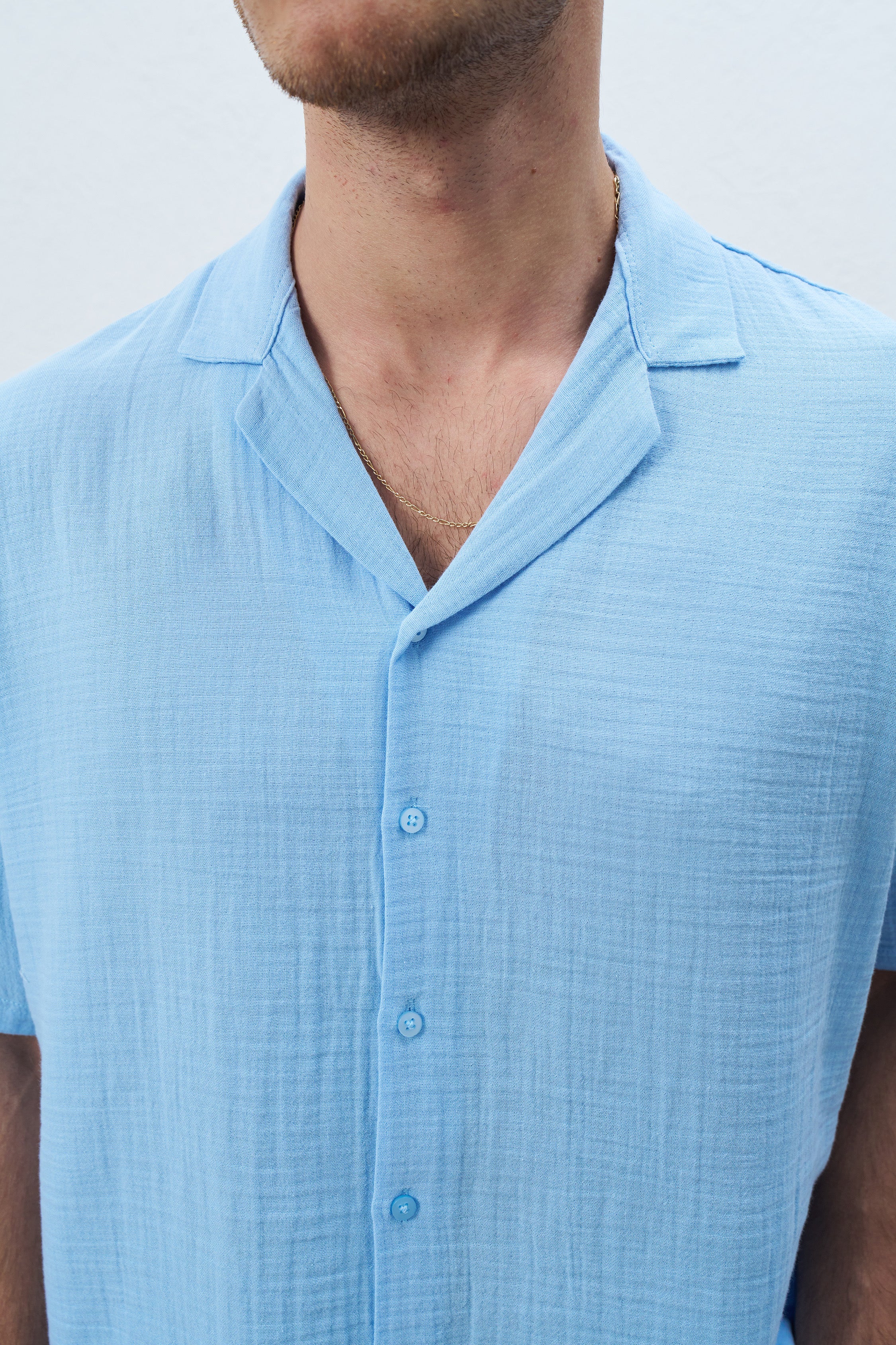 Oversize Buz Mavisi Müslin Kumaş Kısa Kollu Gömlek 5490