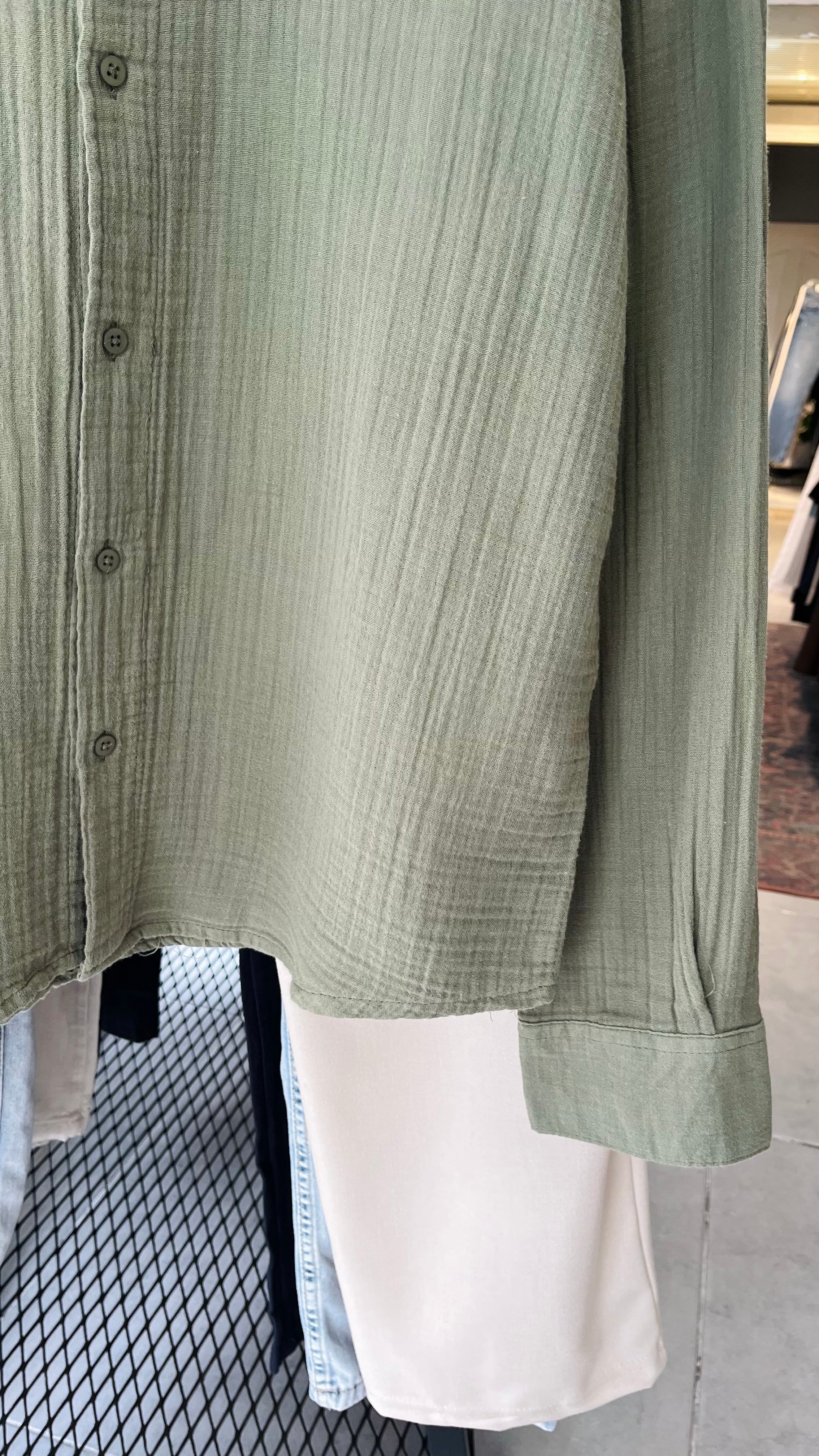 Oversize Müslin Kumaş Haki Uzun Kollu Gömlek 5460