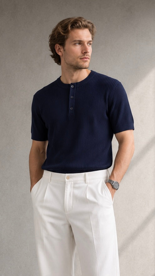 Lacivert Yarım Patlı Triko Tshirt 9450