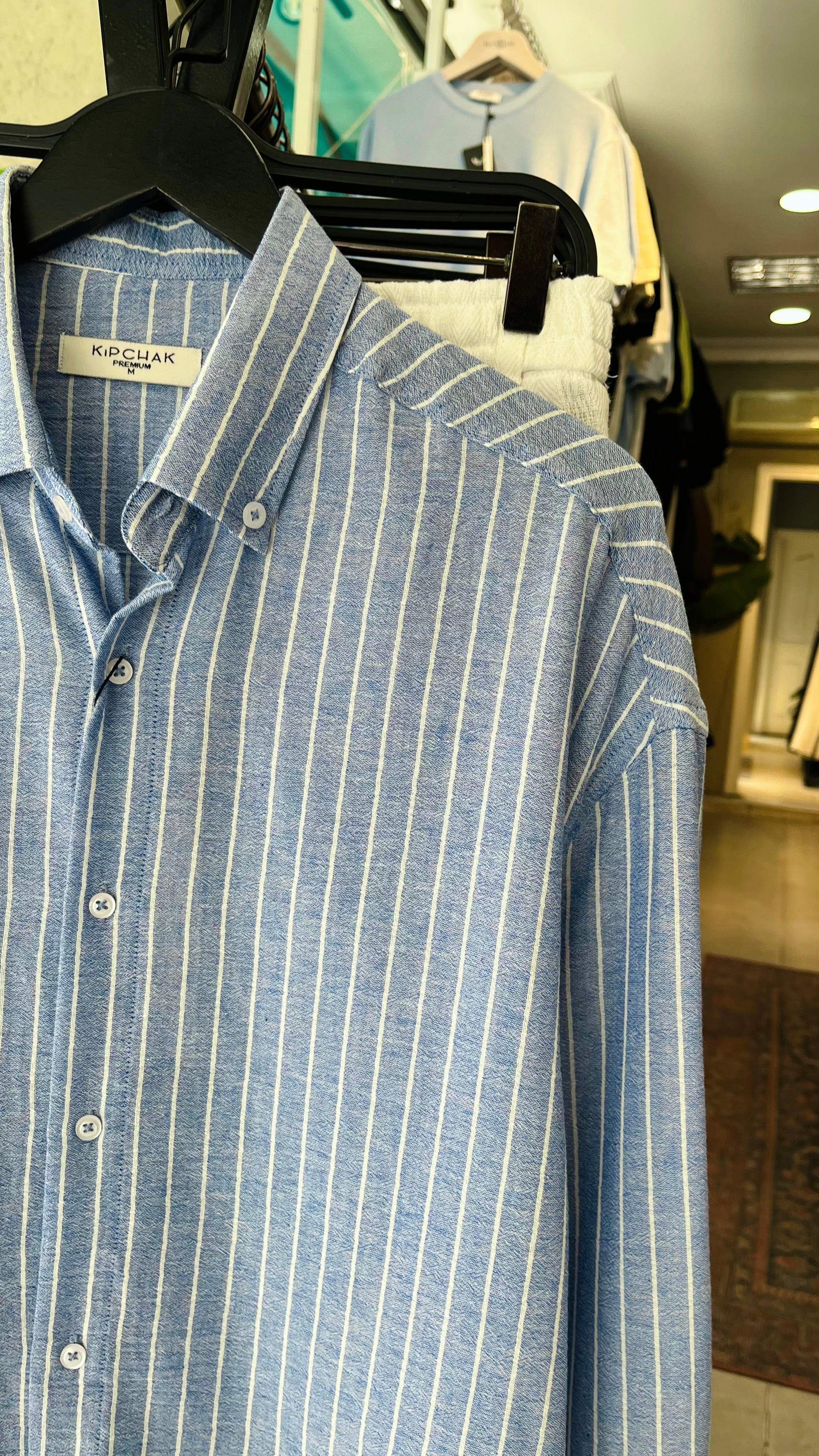 Oversize Beyaz Çizgili Mavi Uzun Kollu Gömlek 5457