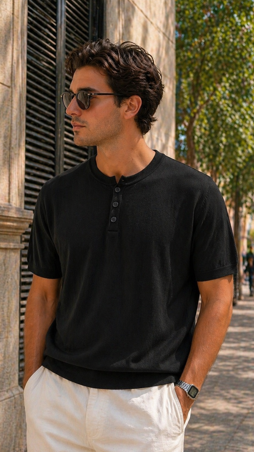 Yarım Patlı Siyah Triko Tshirt 9378