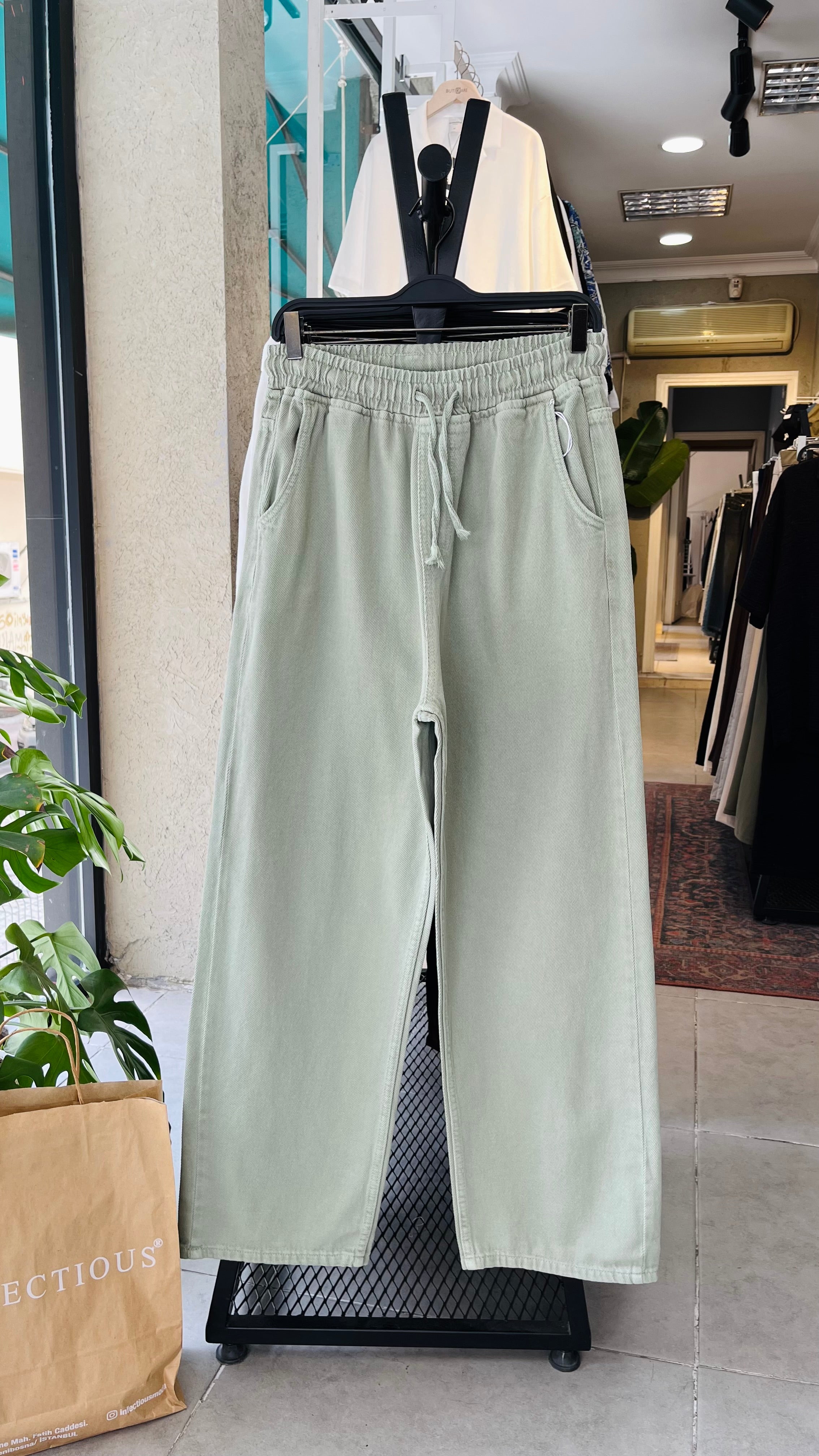 Baggy Ekstra Bol Çağla Yeşili Gabardin Pantolon - Çağla Yeşili 6144