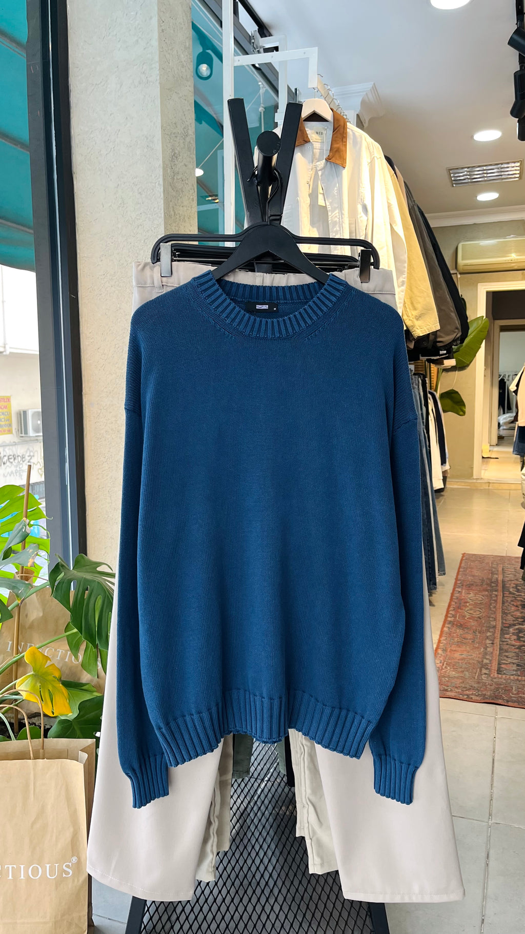 Oversize Yıkamalı Mavi Triko Kazak 7037