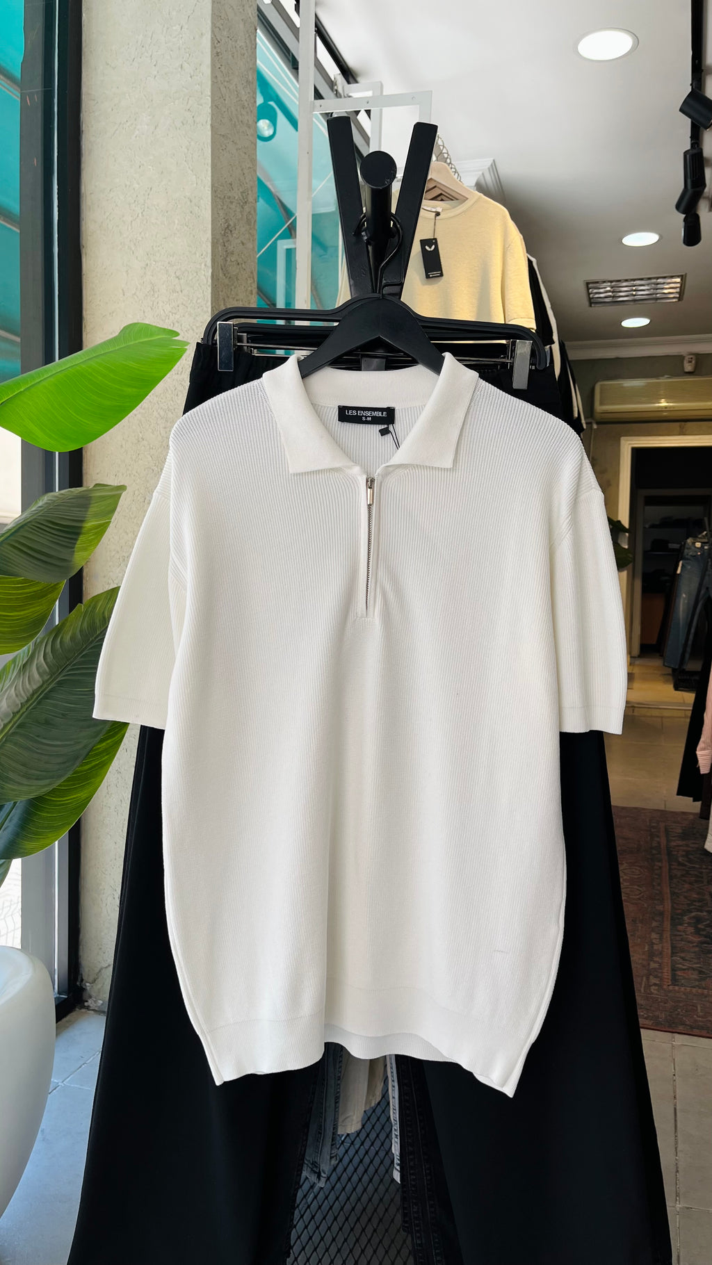 Oversize Yarım Fermuarlı Triko Beyaz Tshirt 9429