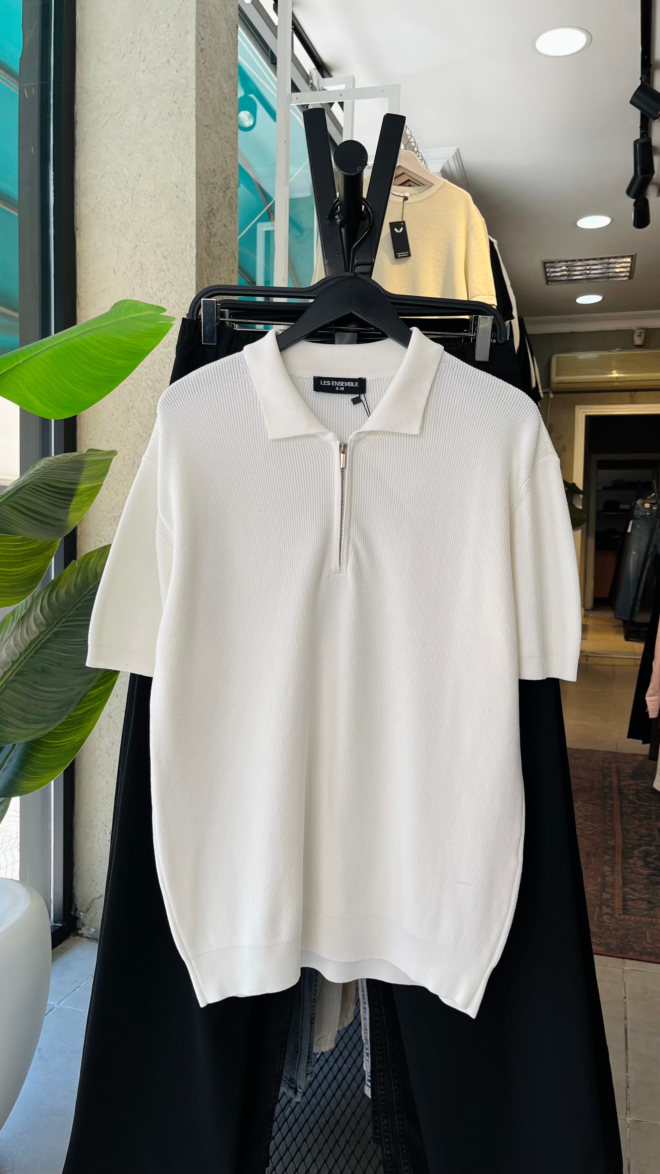 Oversize Yarım Fermuarlı Triko Beyaz Tshirt 9429