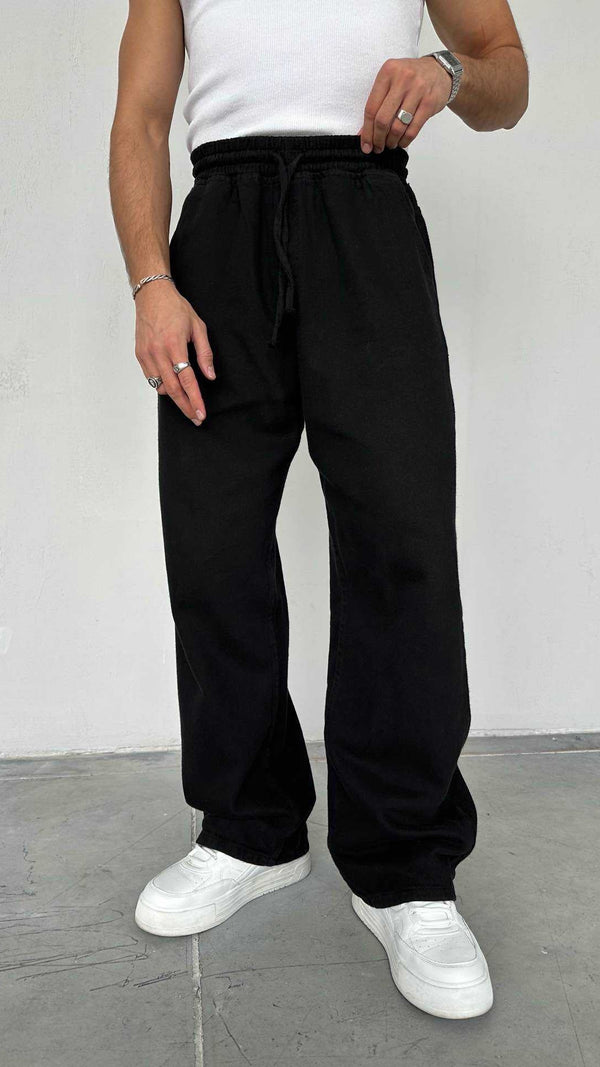 Baggy Ekstra Bol Siyah Gabardin Pantolon - Siyah 6145
