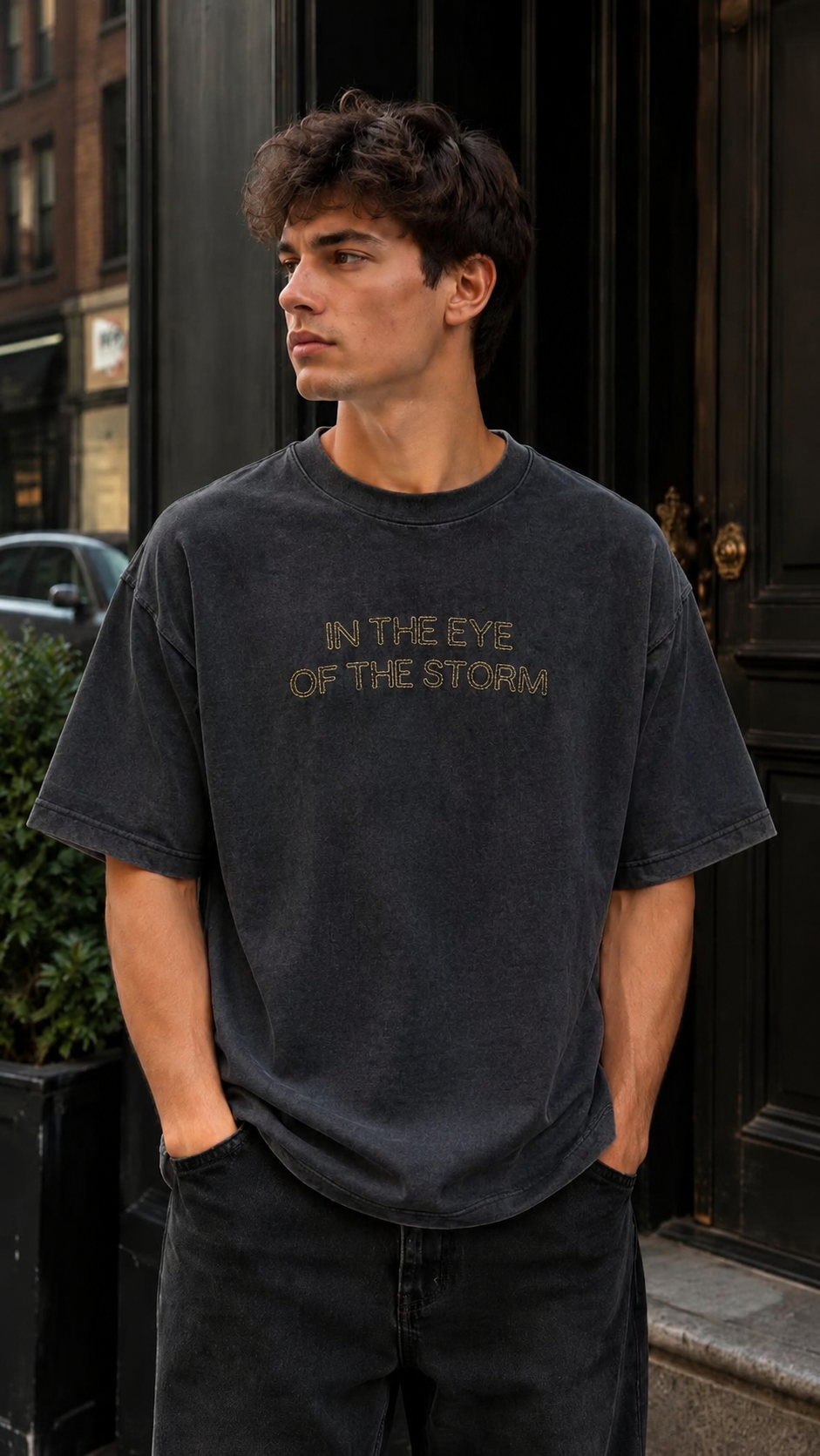 Oversize Siyah Yıkamalı Nakışlı Tshirt 9421