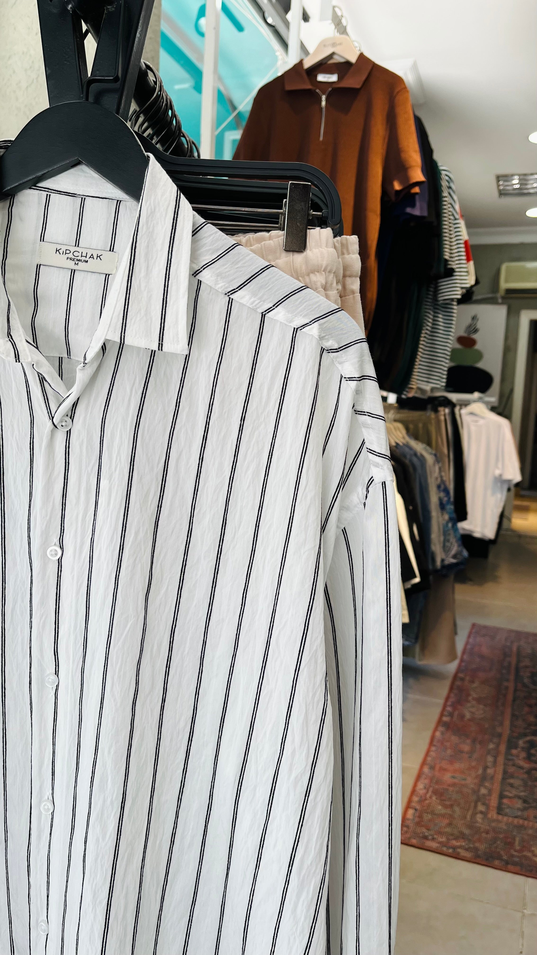 Oversize Siyah Çizgili Beyaz Gömlek - Beyaz 5394