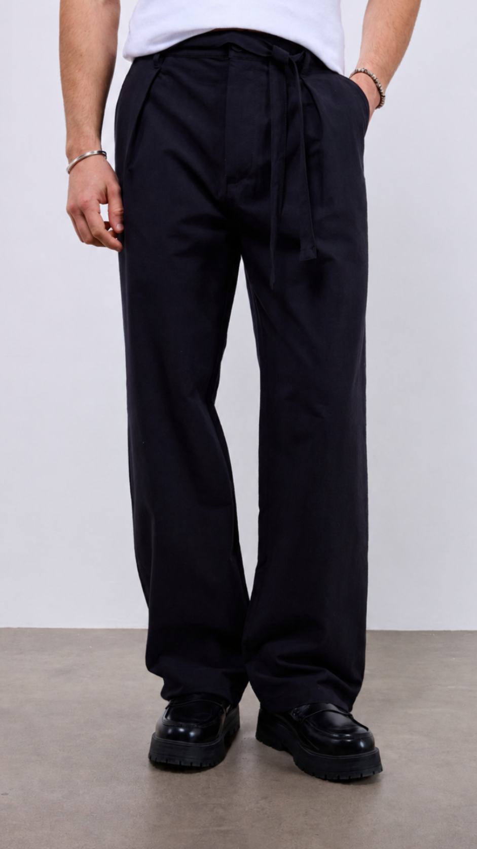 Baggy Kuşak Detaylı Siyah Keten Pantolon 6206