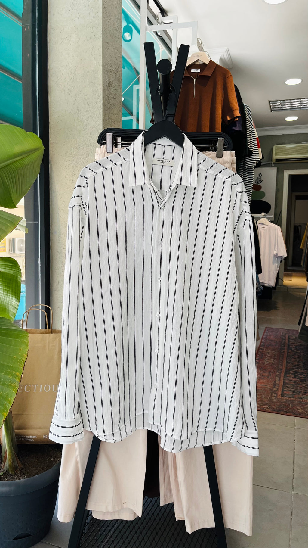 Oversize Siyah Çizgili Beyaz Gömlek - Beyaz 5394