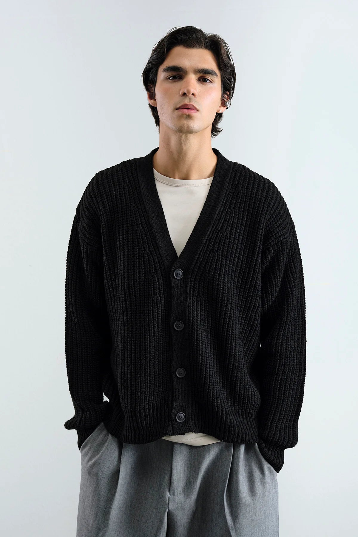 Oversize Siyah Örme Hırka 7009