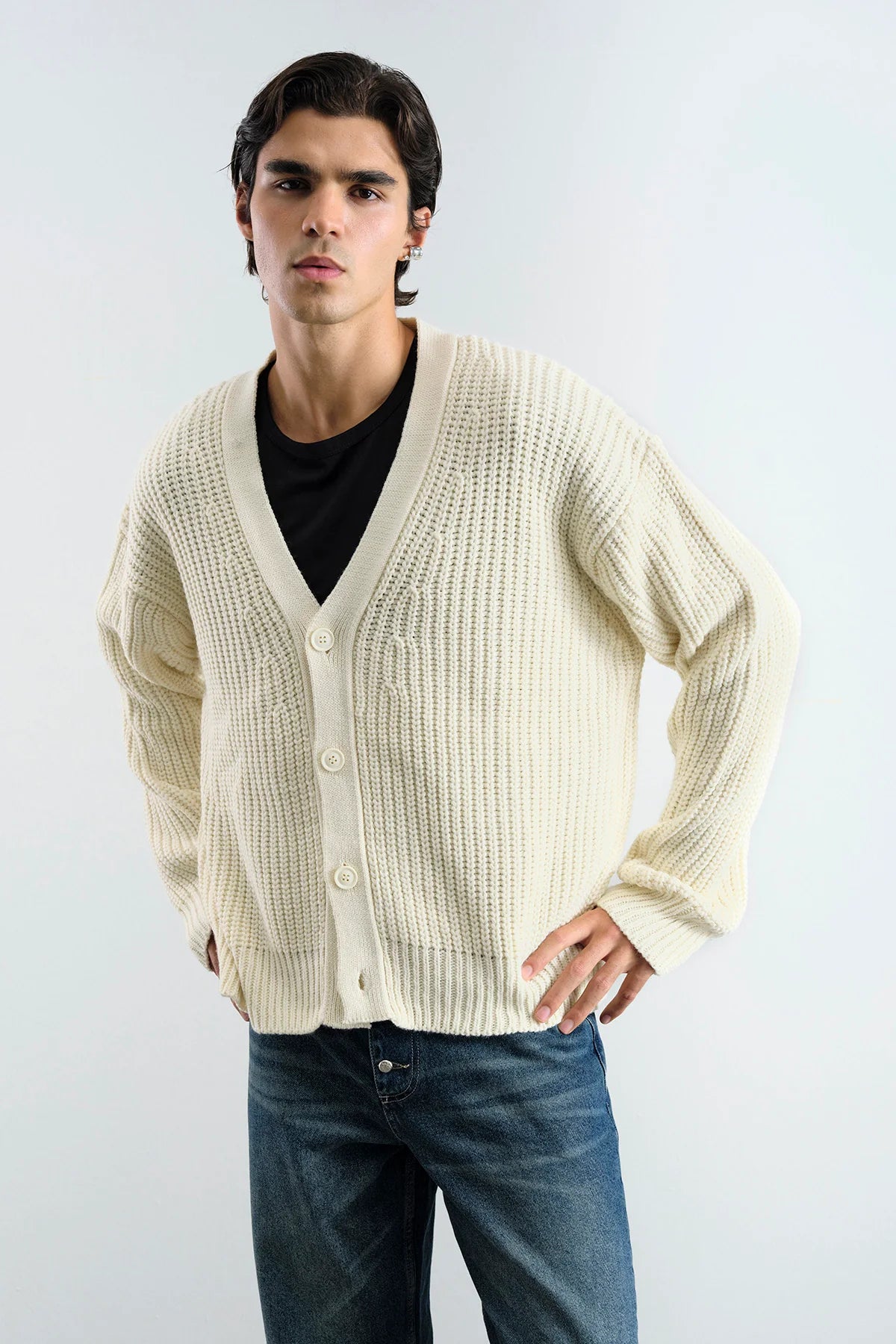 Oversize Bej Örme Hırka 7008