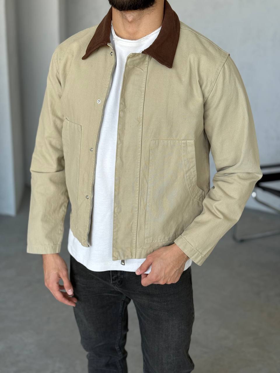 Bej Yakası Kahverengi Gabardin Ceket 2040