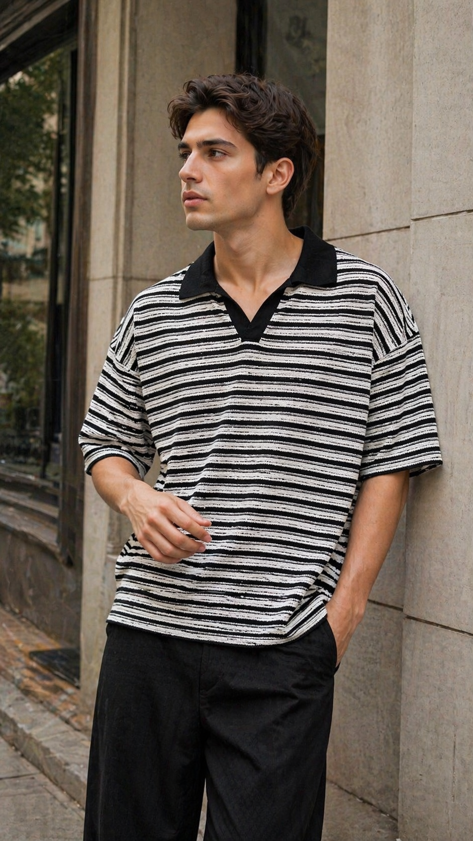 Oversize Siyah Beyaz Yatay Çizgili Yakalı Tshirt – Siyah 9317