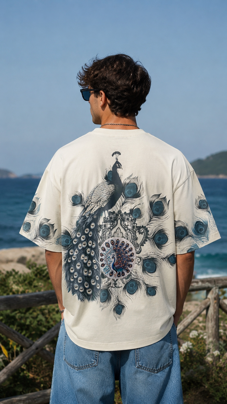 Oversize Bej Sırt Baskılı ve Tavus Kuşu Pathcli Tshirt 9426